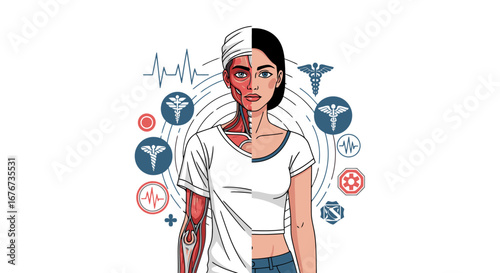 Detailed Illustration of Female Anatomy and Health Concepts with Medical Symbols Representing Wellness and Healthcare