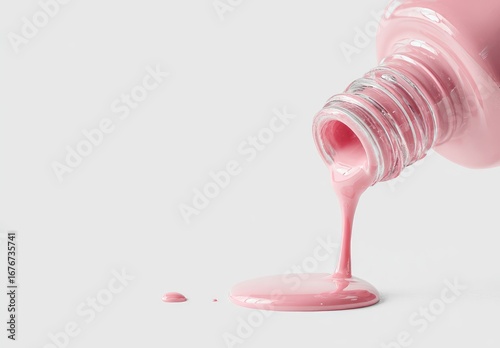 Pink nail polish pouring from bottle onto a white surface