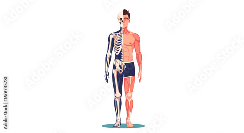 Detailed Illustration of Human Anatomy Showing Skeletal and Muscular Systems on a Male Figure for Educational Purposes