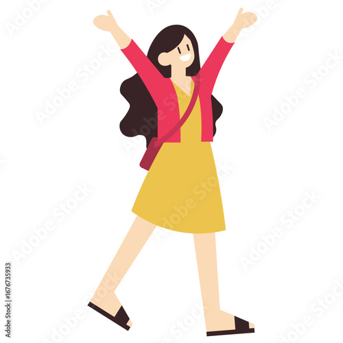 A cheerful young woman with long dark hair, wearing a yellow dress and red jacket, with her arms raised in celebration and a crossbody bag.