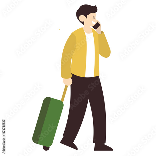 A man with a suitcase on wheels, dressed casually, walks while talking on his mobile phone, suggesting travel or a journey.