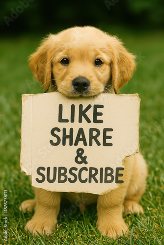 Cute golden retriever puppy holding like share subscribe sign on green grass adorable dog social media engagement marketing concept background