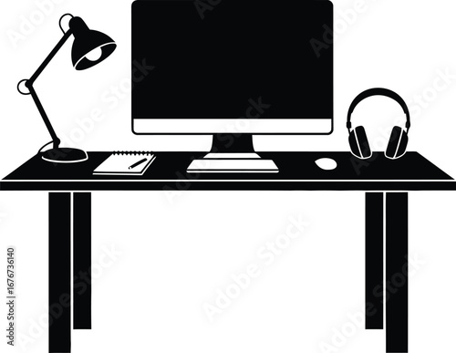 A black and white minimalist illustration of a desk with computer, lamp, and headphones on a white background