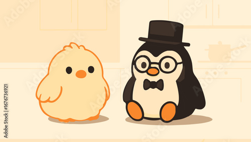 Whimsical Chick and Penguin on Kitchen Countertop, illustraiton, vector, design, cartoon vector, vector cartoon