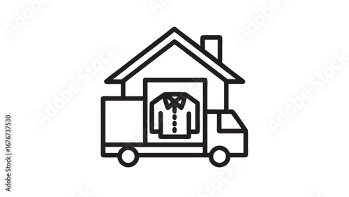 Outline illustration of a moving truck with a house on top and a shirt inside the truck bed design silhouette