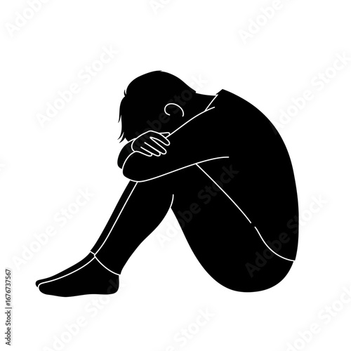 Sad person silhouette curled up isolated on white background