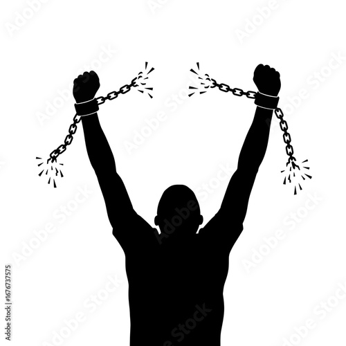 Person breaking chains silhouette isolated on white background