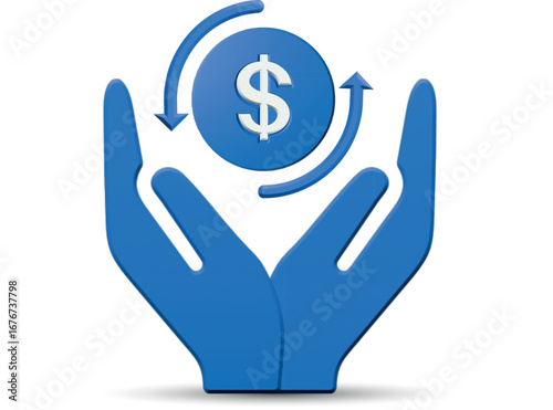 Vector Design of blue hands holding a dollar coin with circular arrows, representing financial flow