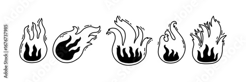 Doodle Black Fire Flame Icon Set. Vector Grafitti Grunge Brush Illustration 