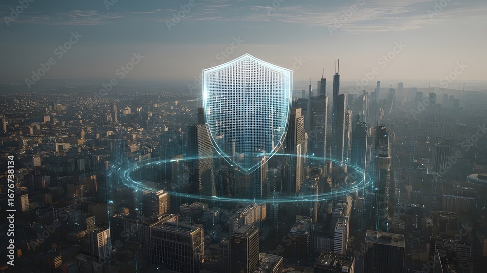 Fototapeta premium Digital Hologram Shield Above Modern City Skyline, Financial Security and Cyber Protection Concept
