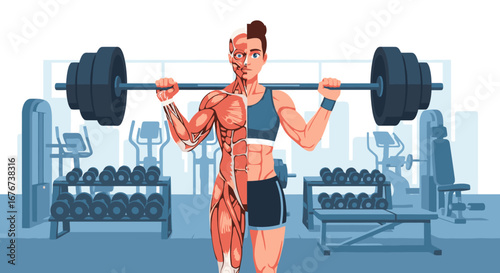 Female athlete demonstrating strength and human muscle structure while exercising with a barbell in a modern fitness