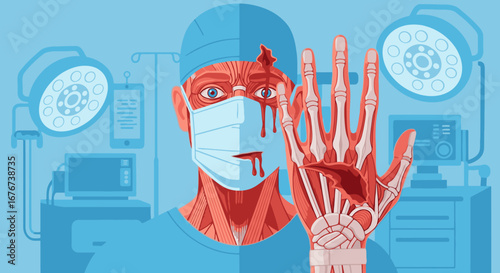 Surgeon with exposed muscles and bones in an operating room setting, depicting medical complexity and human