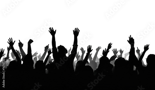 Silhouettes of a cheering crowd