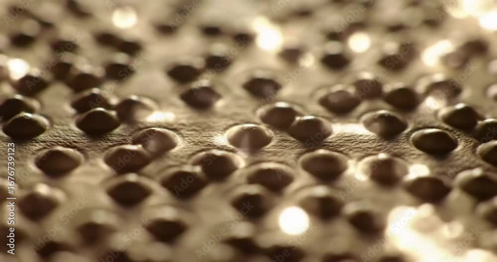 Close-up of tiny, dark, spherical objects arranged with a patterned surface. Abstract view of arrangement