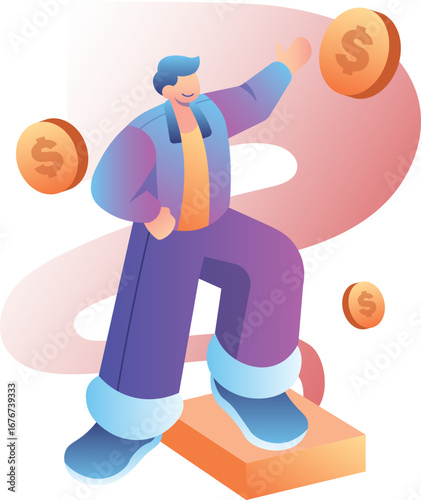 Animated cartoon character joyfully tossing money, symbolizing financial success.