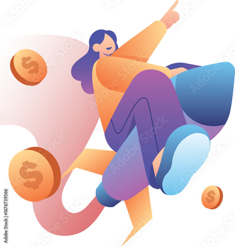 Two stylized figures soar upward, propelled by money, symbolizing financial success and achievement.