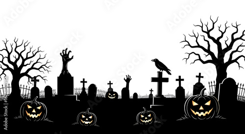 Spooky Halloween Graveyard Scene Black and White Illustration of Cemetery with Pumpkins Crows and Tombstones