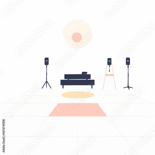 Minimalist living room with sofa and audio speakers in light colors  
