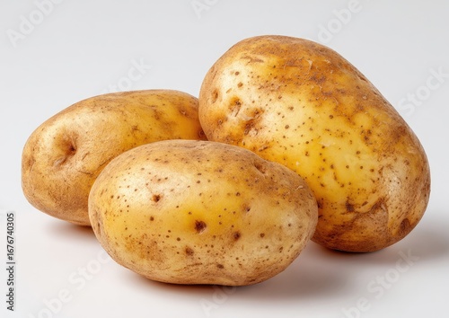 Three russet potatoes, light beige/tan skin with brown speckles, sit atop a plain white background