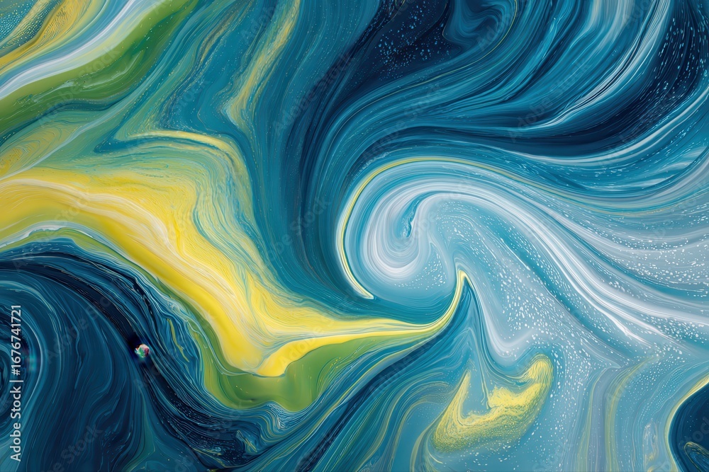Fototapeta premium Abstract marbling design with swirling blue, yellow and white fluid textures forming dynamic organic psychedelic wave pattern