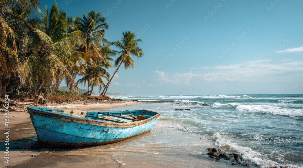 Naklejka premium A weathered blue boat rests on a tropical beach. Palm trees line the shoreline, with a vibrant turquoise ocean beyond