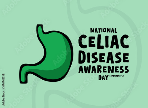 National Celiac Disease Awareness Day. September 13. Flat design vector. Stomach icon. Green background. Doodle.