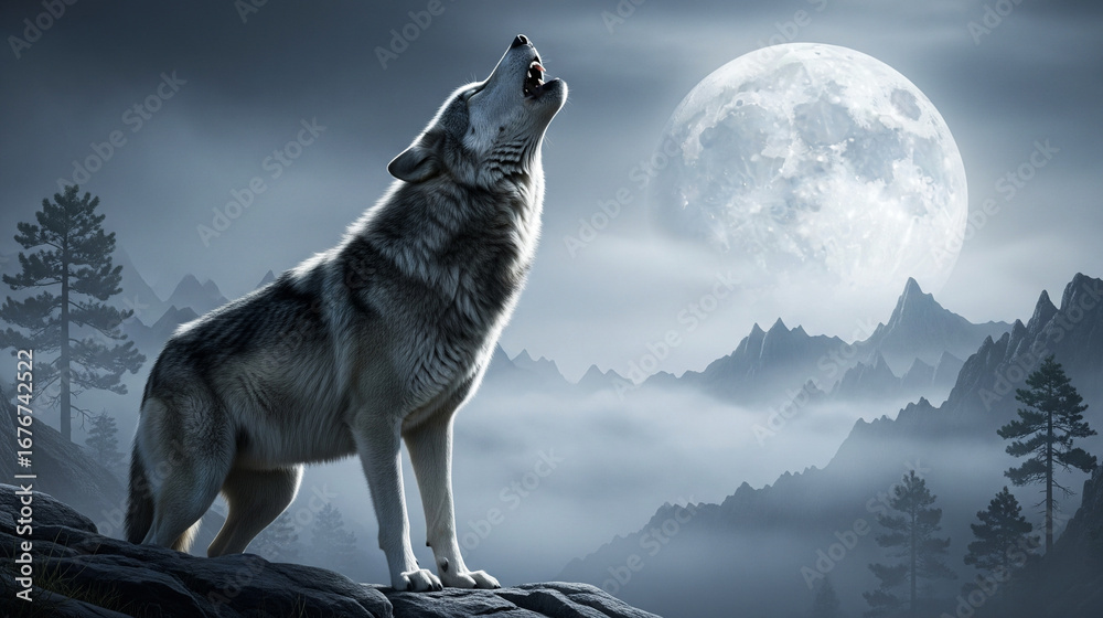 Fototapeta premium Gray wolf howling at a bright full moon over misty mountains and dark forest at night