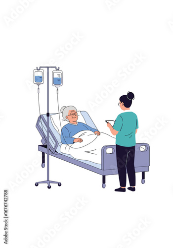 Nurse attending to elderly patient receiving intravenous therapy in a hospital room