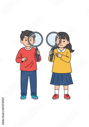 Two young children holding magnifying glasses up to their eyes examining something close together