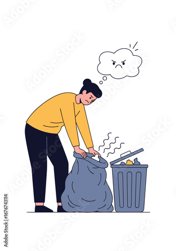 A person effortlessly tying a full trash bag before placing it into the bin