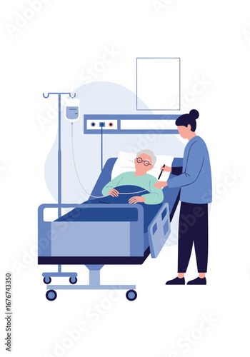 Healthcare professional administering medical care to an elderly patient in a hospital bed