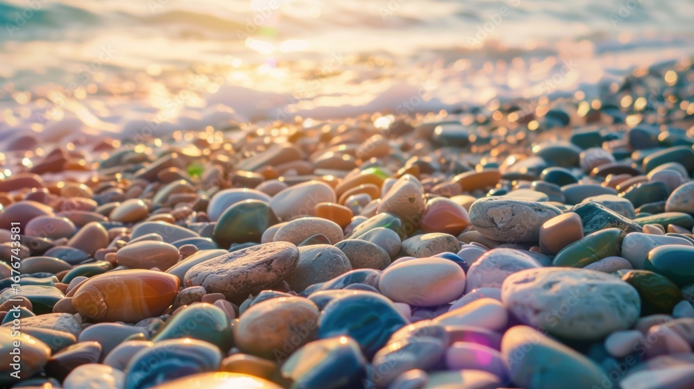 Fototapeta premium Vibrant beach stones by water in warm evening glow