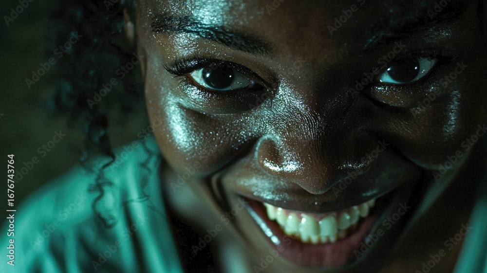 Fototapeta premium Black woman with wicked grin in dramatic cinematic light
