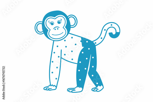Cute Blue Monkey with White Spots Walking on White Background