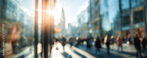 Blurred city street scene, sunny day