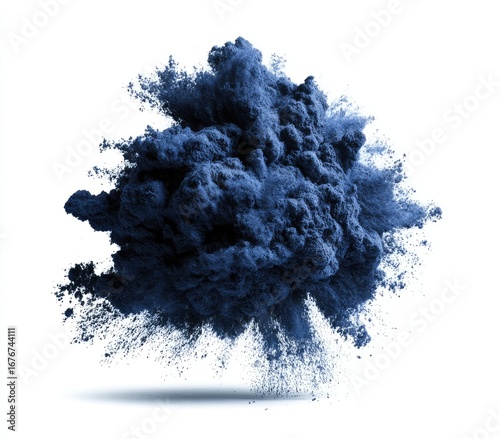 Dark indigo powder explosion on white background
