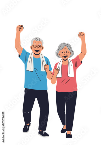 Active senior couple celebrates health and vitality with joyful exercise and movement