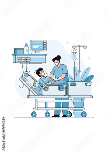 Caring for a patient in a hospital bed with medical equipment and a nurse providing assistance