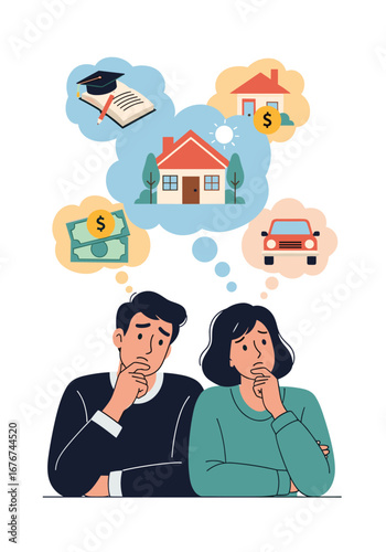 Young couple thinking about future goals financial planning for life decisions and major purchases