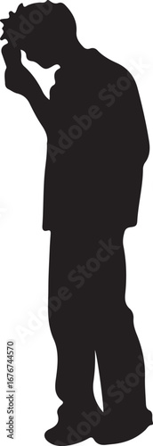 The image shows a black silhouette of a person, possibly a child or small adult, standing with their head bowed and one arm raised, appearing to shield their eyes from the sun or something similar.