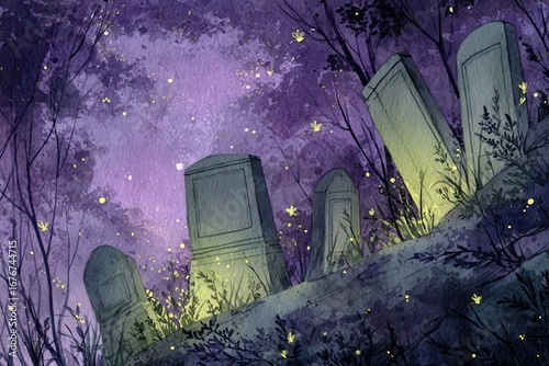 Wallpaper Mural A serene watercolor painting of a graveyard with a leaning tombstone in the background, capturing the solemn beauty of the scene. Torontodigital.ca