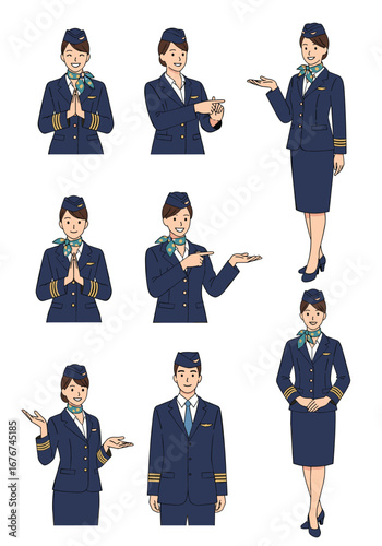 Professional airline crew poses and attire detailed illustrations for aviation services