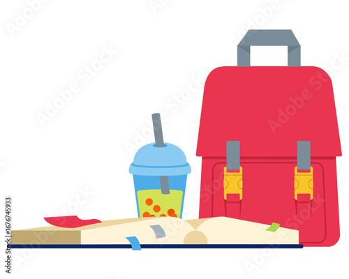 Backpack, soft drink and open book