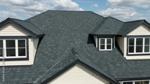 Gray asphalt shingle roof on residential house with dormer windows under bright cloudy sky architecture and home improvement