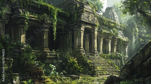 An ancient temple overgrown with lush greenery, highlighting the contrast between man-made structures and nature's reclamation.