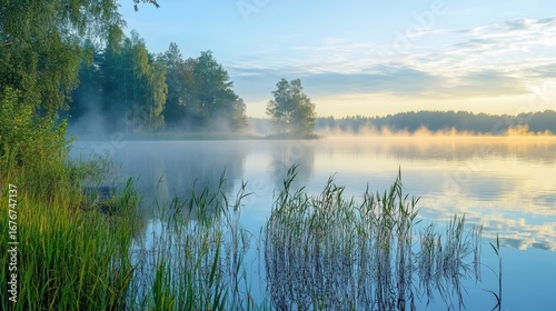 A serene lakeside scene at dawn, featuring mist over calm water, lush greenery, and gentle light reflecting off the surface.
