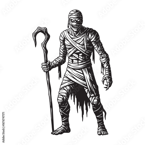 Ancient Mummy with Staff Silhouette - Egyptian Undead Horror