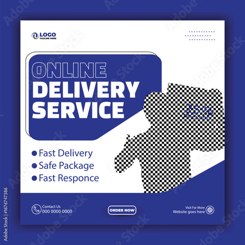 Happy delivery man holding package with 25 percent discount for online delivery service advertisement