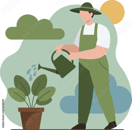 An illustration of a man in overalls and hat watering a potted plant with a watering can, under a cloudy sky and sun.
