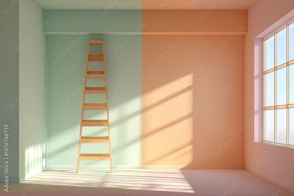 Fototapeta premium Empty room with pastel walls, wooden ladder. Sunlight streams in